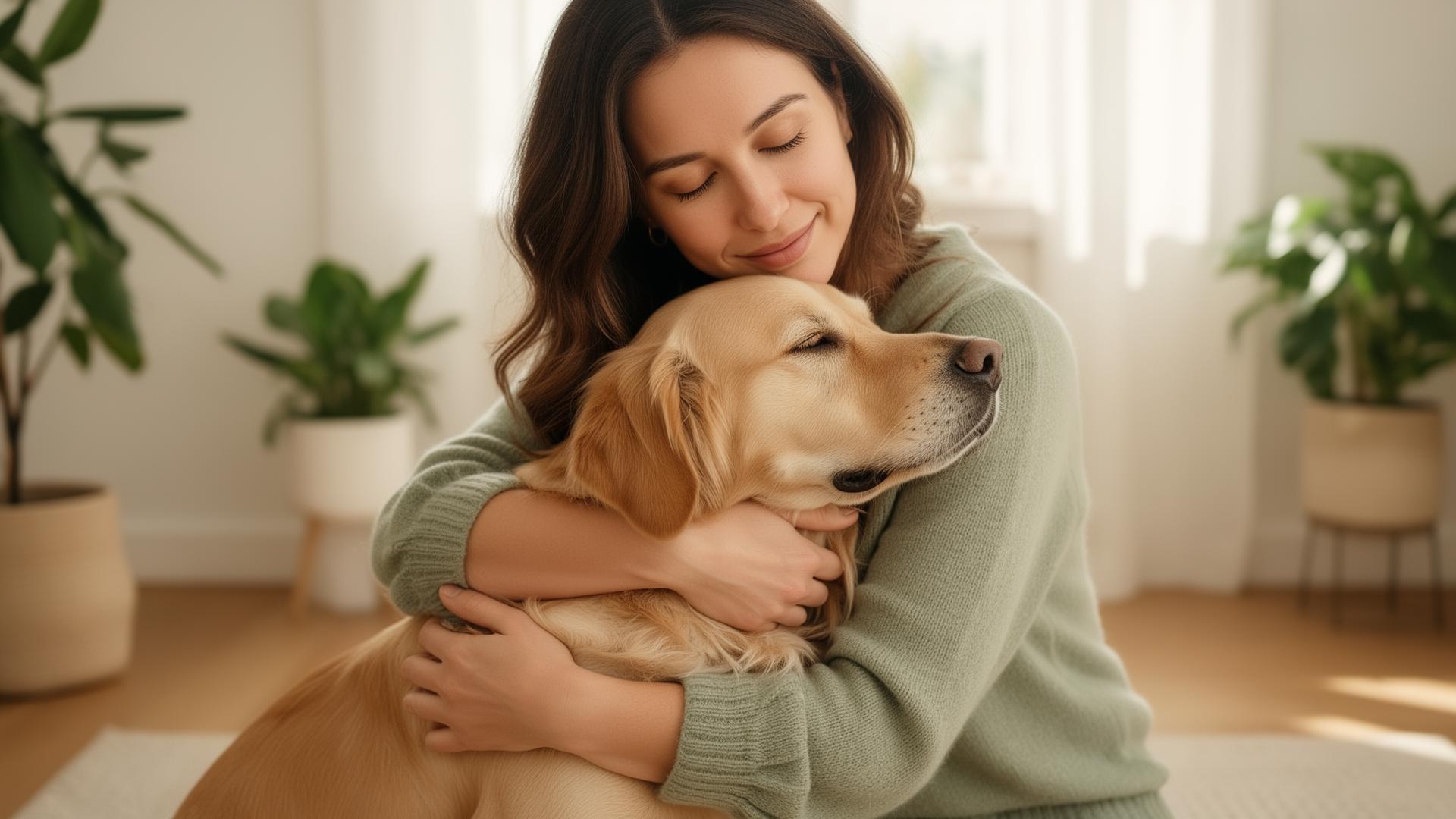 Mujer abrazando con ternura a su perro en un espacio cálido
